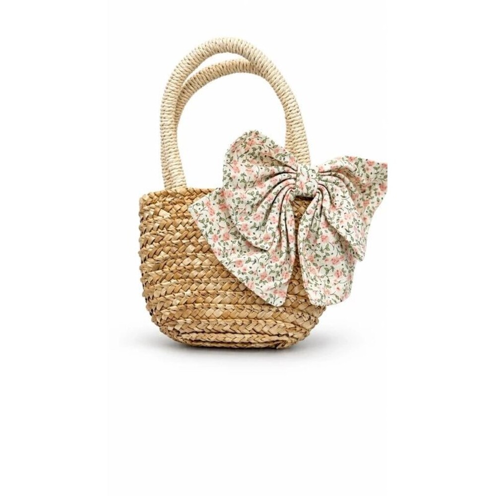 Bonnie Jean Girls Woven Straw Basket Purse Floral Bow Cottagecore
